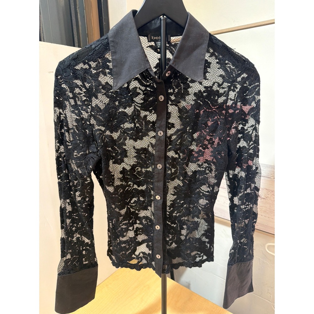 Bebe Vintage Black Floral Lace Button Down Shirt‎ Sheer Lg Sleeve Top Medium USA